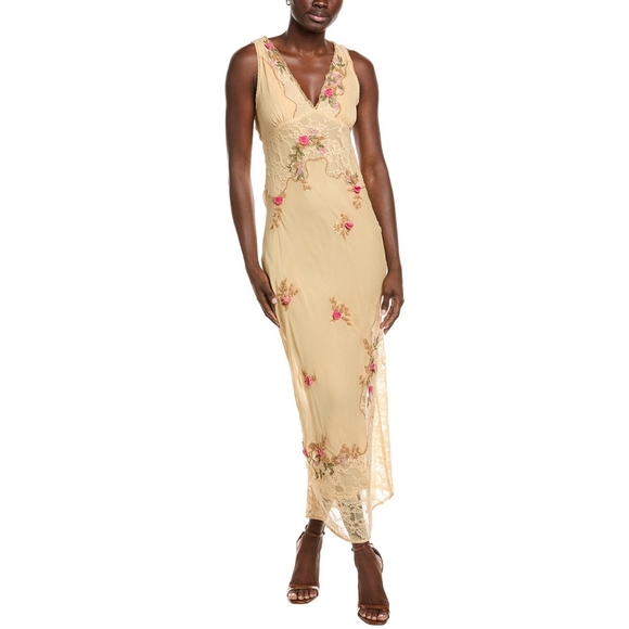 Free People Dresses & Skirts - Free People Cream Slip Dress with Pink Floral Embroidery
